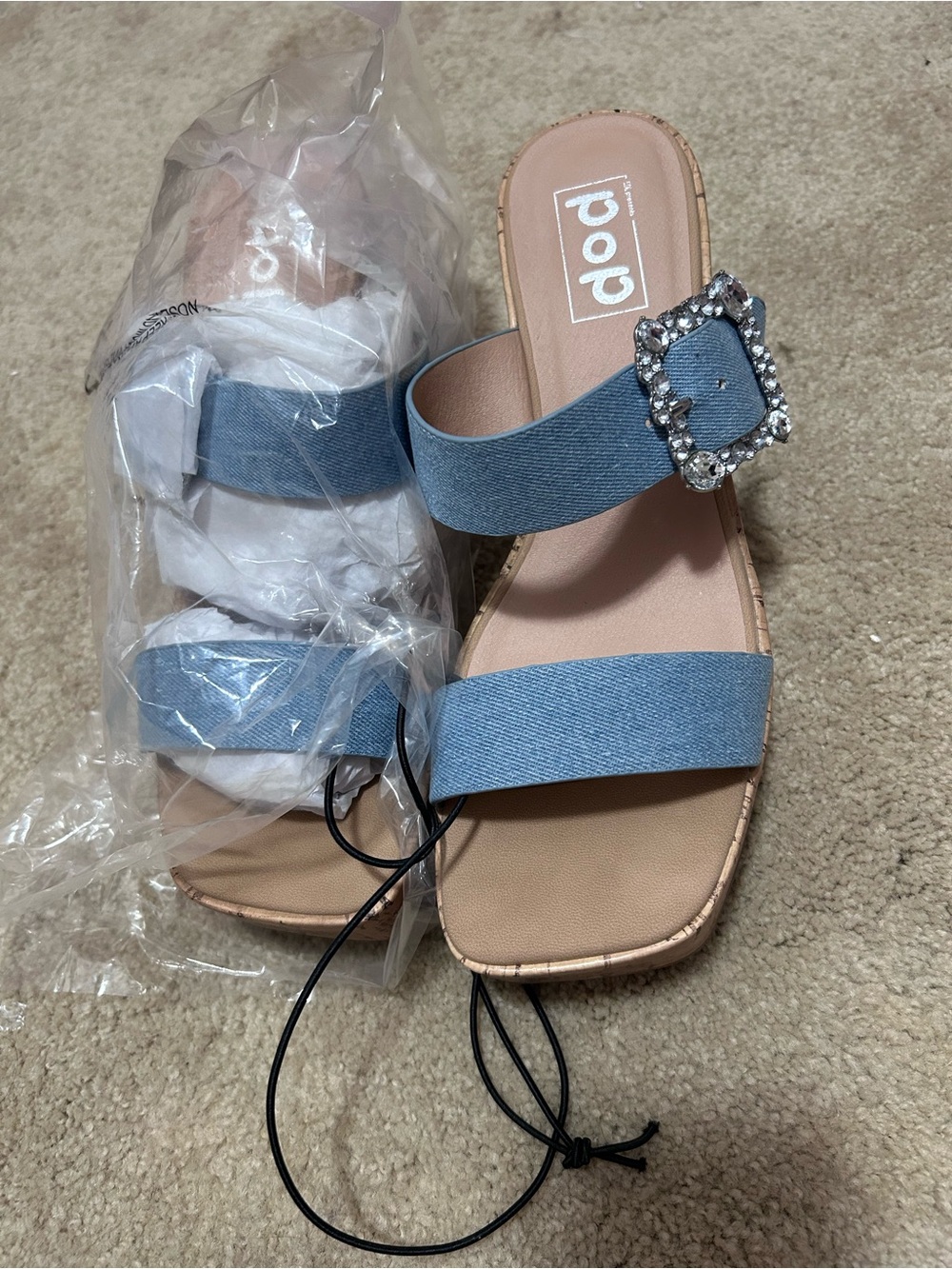 pop Light Denim Wedge Slides with Crystal Buckle